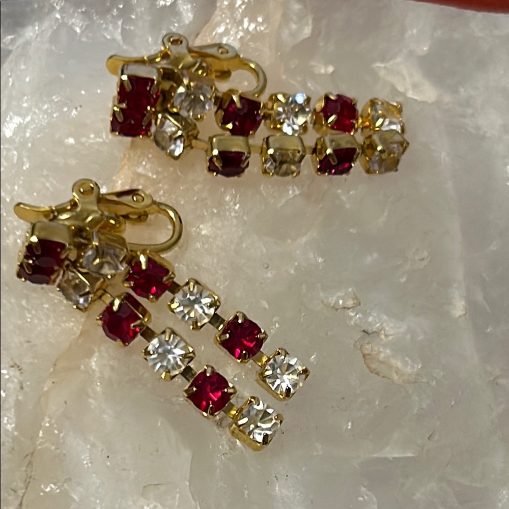 TRIFARI Elegant Gold and Red Rhinestone Crystal Clip Earrings, Vintage